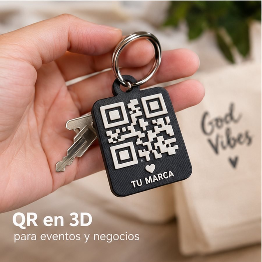 Llavero con código QR en relieve sujeto a un llavero, ejemplo para eventos y bodas