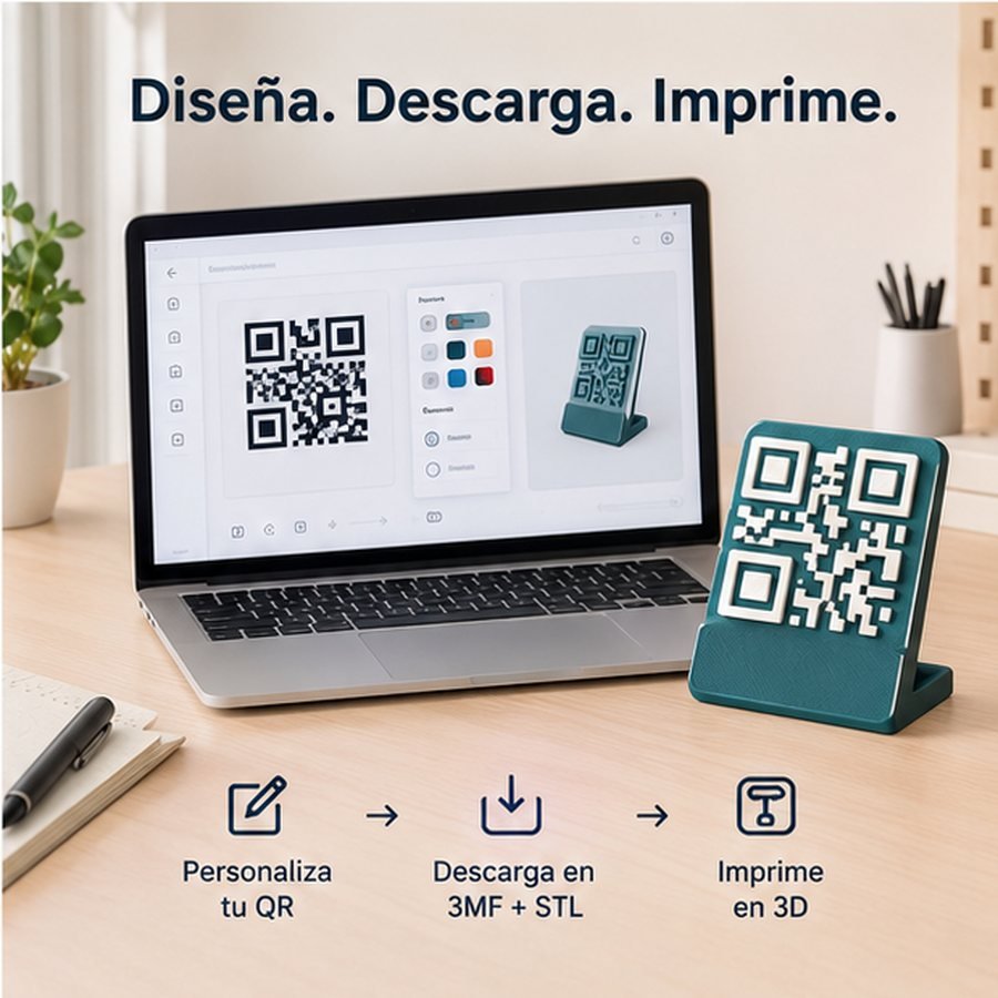 Proceso de diseño de un código QR en 3D en la herramienta, junto al objeto ya impreso en la mesa