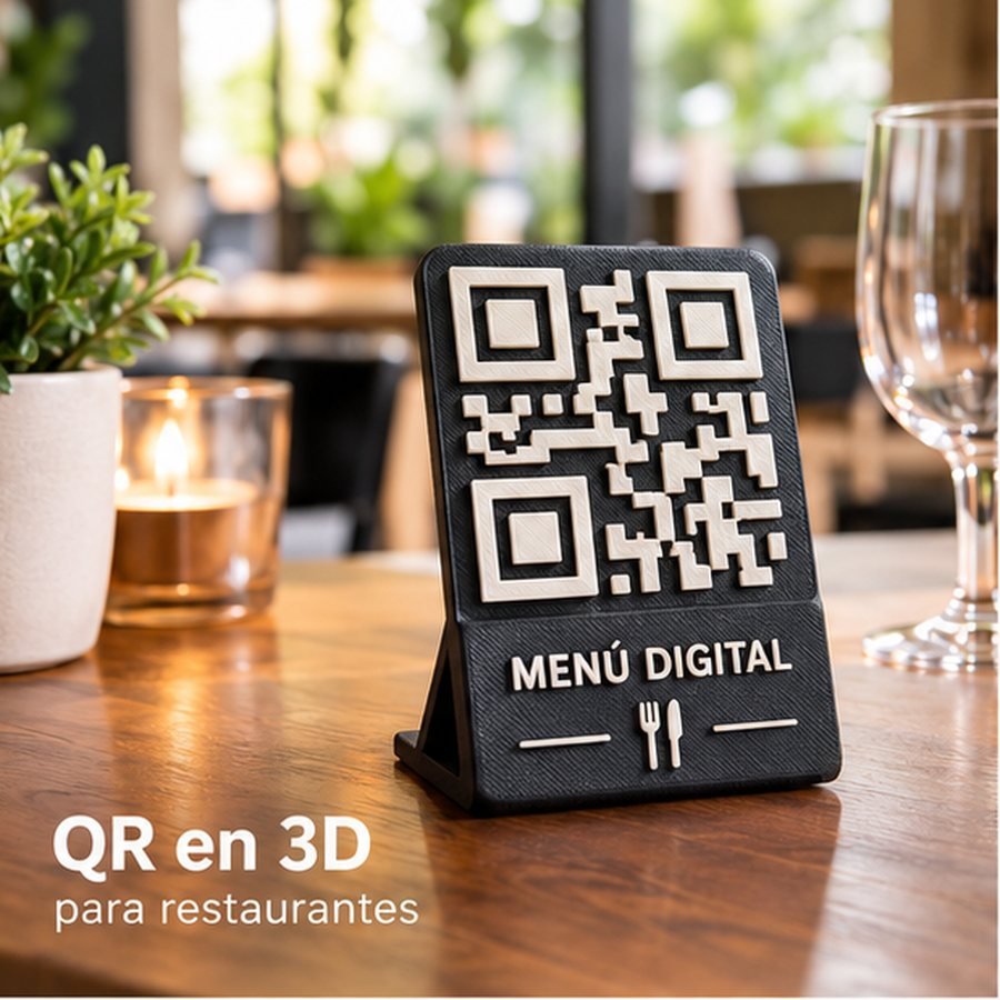 Soporte de mesa con código QR en relieve para el menú digital de un restaurante